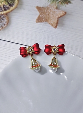 特价孤品-圣诞节红色蝴蝶结铃铛喜庆节日节庆无耳洞无痛蚊香耳夹