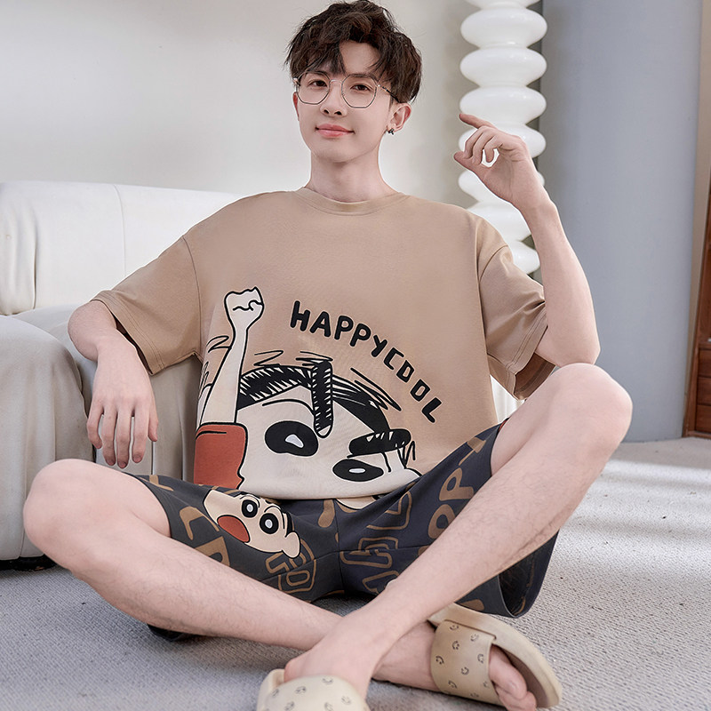 青少年纯棉睡衣男夏季薄款卡通男孩短袖初中学生大童女家居服套装