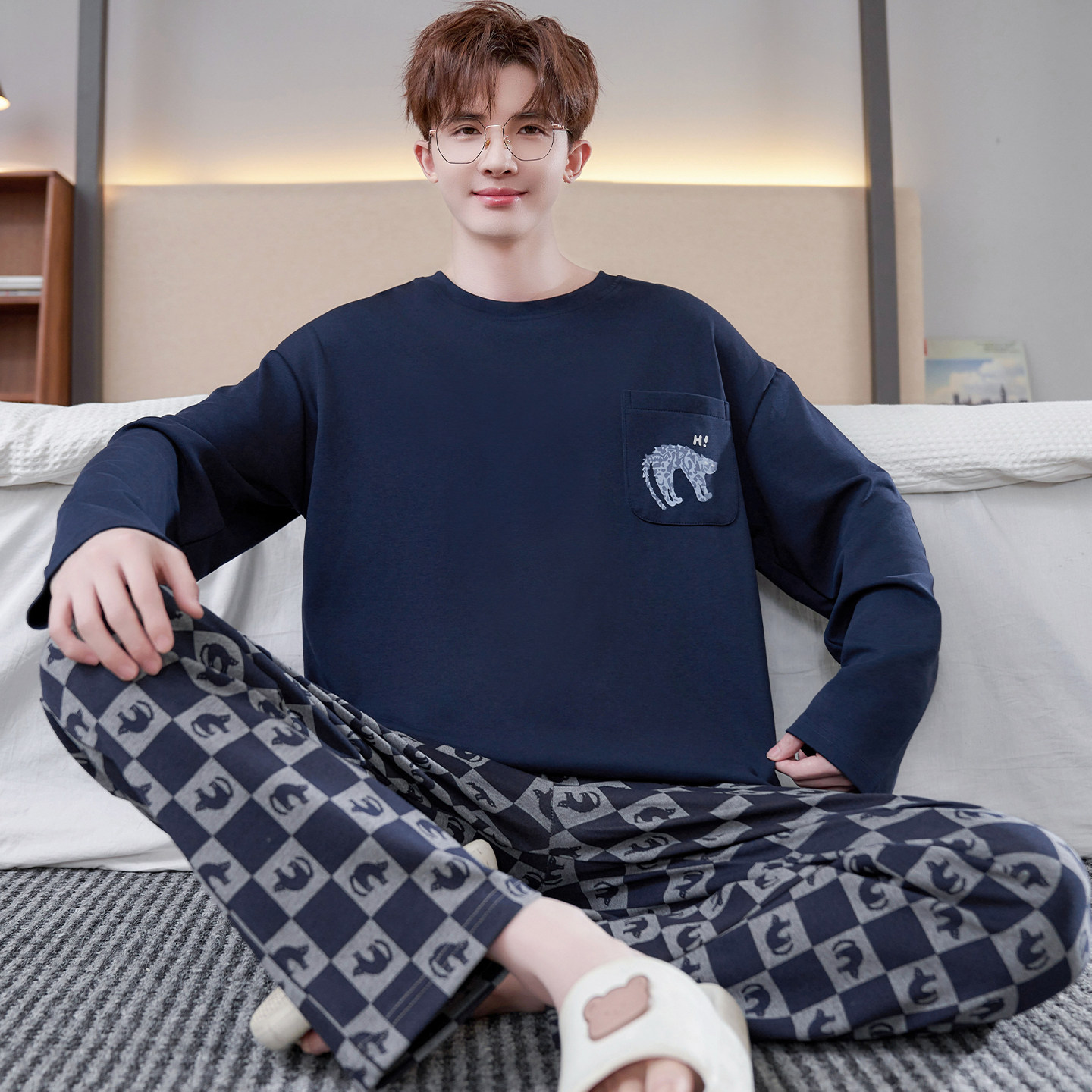 春秋季睡衣男青少年纯棉长袖卡通大童男孩初中学生套装家居服圆领