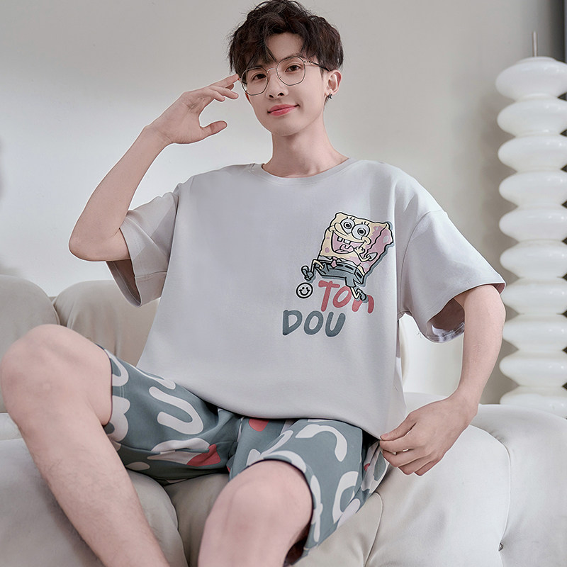 青少年睡衣男夏季纯棉薄款卡通男孩短袖初中学生大童女家居服套装