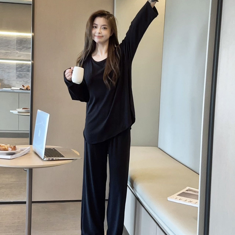 慵懒风德绒睡衣女生长袖春秋季甜美宽松大码舒适纯色套装家居服厚
