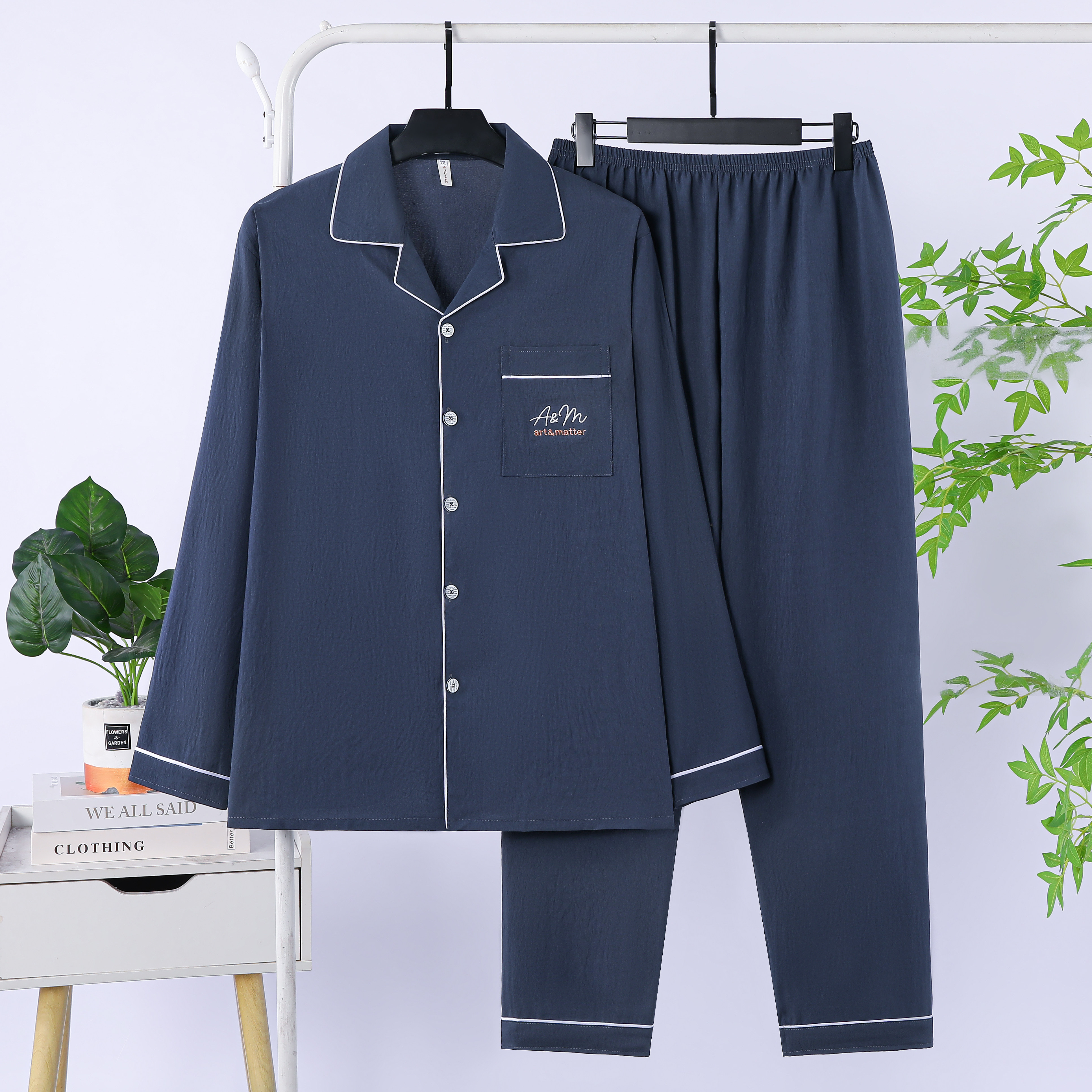 睡衣男士薄款春秋季宽松休闲中老年人爸爸翻领长袖爷爷家居服套装
