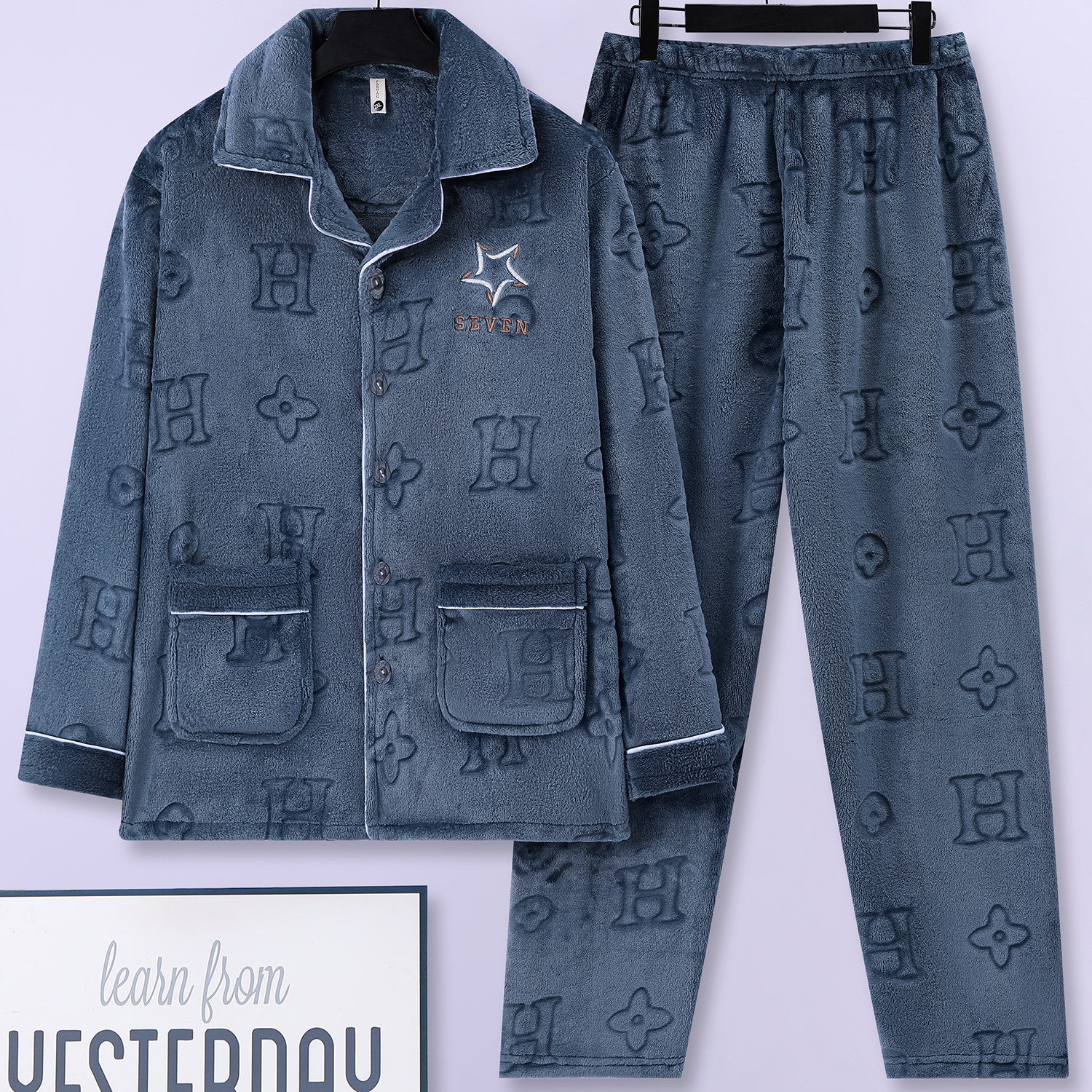 法兰绒睡衣男士加厚保暖中老年人爸爸加绒珊瑚绒秋冬季家居服套装