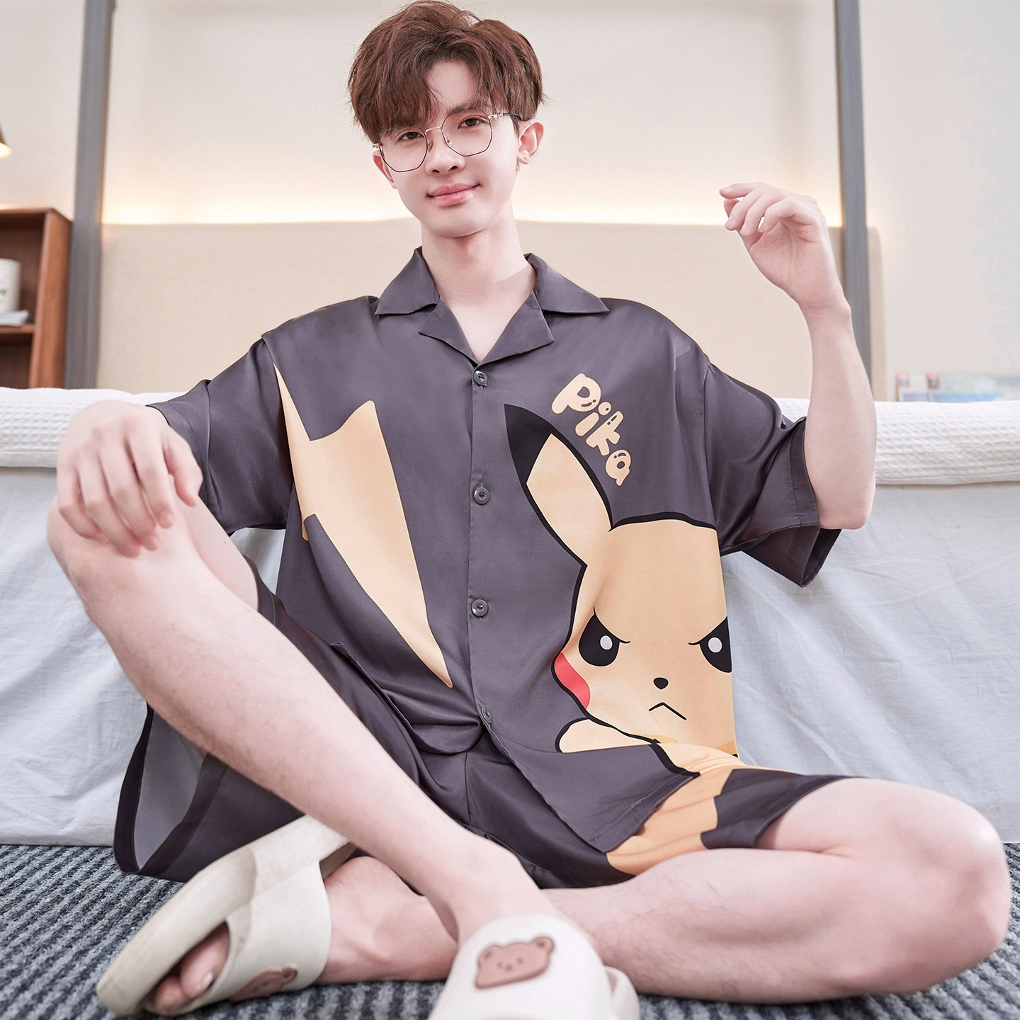青少年睡衣男孩冰丝短袖夏季薄款初中学生大童卡通动漫家居服套装