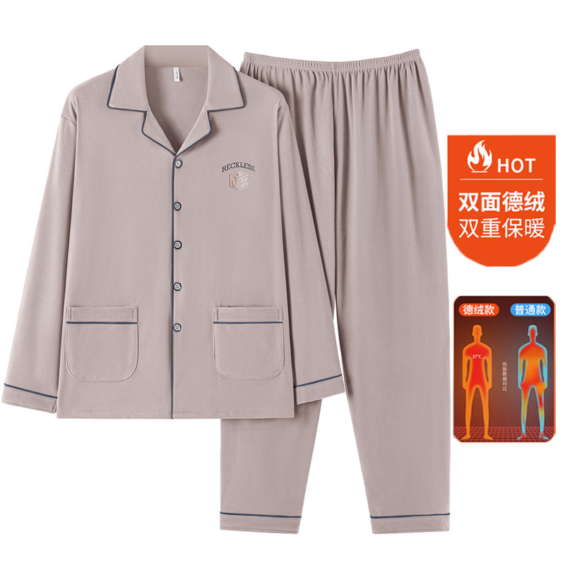 睡衣男士双面德绒保暖长袖中年爸爸春秋季休闲秋冬厚款家居服套装