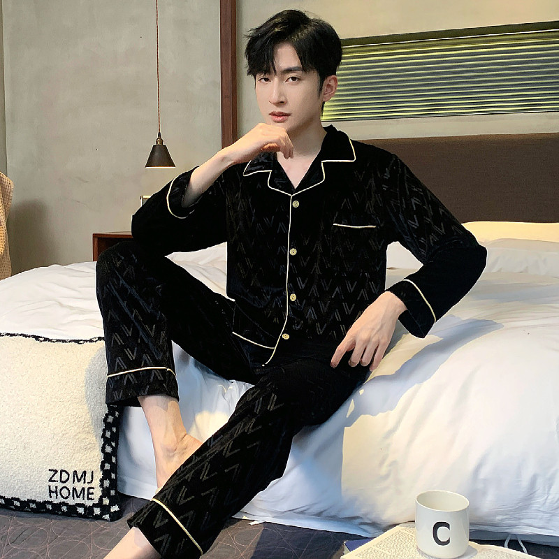 金丝绒睡衣男士长袖春秋款薄款青少年爸爸秋冬季可外穿家居服套装