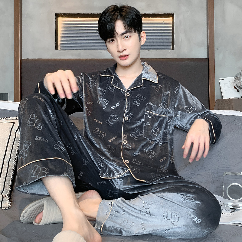 春秋款睡衣男士长袖金丝绒加厚青少年大码秋冬季可外穿家居服套装