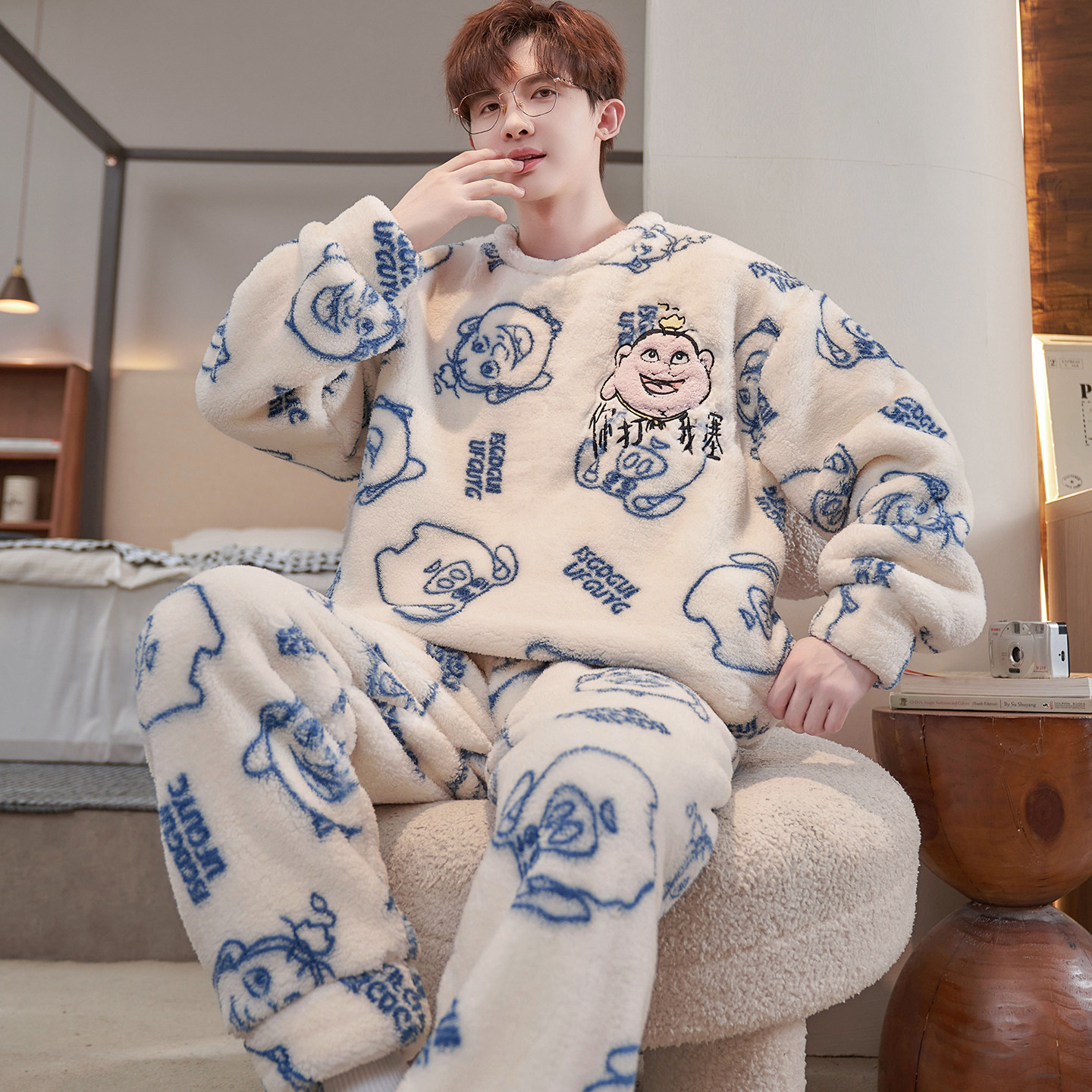 珊瑚绒青少年睡衣男孩卡通初中生圆领秋冬季法兰绒加厚家居服套装