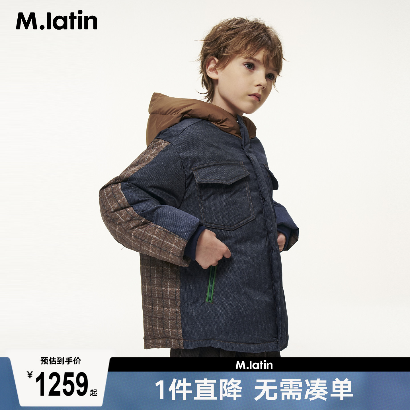 牛仔呢料印花原创衬衫感连帽撞色厚羽绒