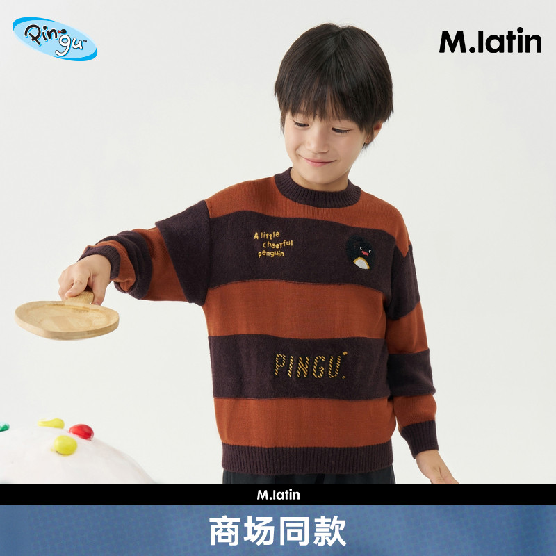IP图案美式配色条纹圆领毛衣