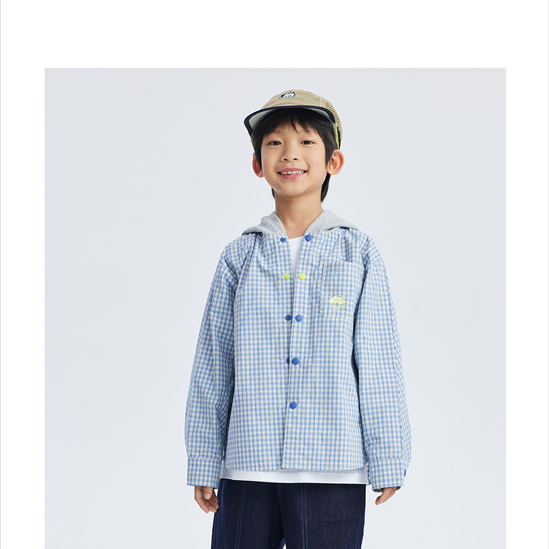 日系少年感户外色织格纹带帽衬衫外套