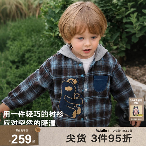 带帽衬衫外套，复古格子图形装饰