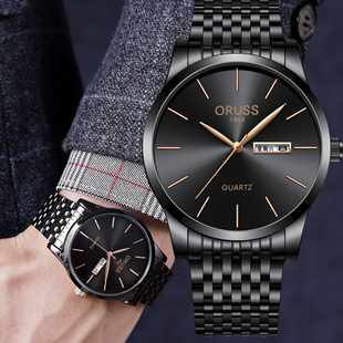 男士 简约皮带手表学生超薄石英表 手表商务钢带防水双日历腕表男款