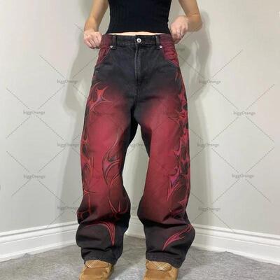 Graphic print straight-leg vintage loose jeans男款