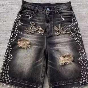 Embroidered rhinestone washed wide-leg beach jeans男款