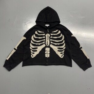 Printed terry cloth zipper distressed hoodie