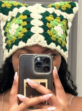 Embroidered hat cat ear hat women's knitted handmade hat
