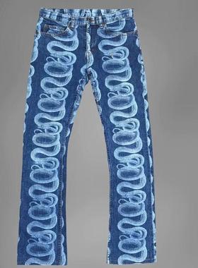 Printed jeans; high-rise wide-leg straight pants男款