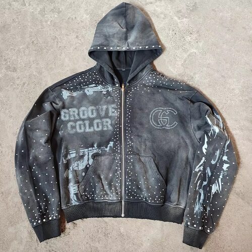 glitter-studded zipper hooded sweatshirt drawstring pants