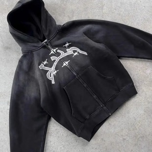 Rock Embroidered Oversized Hoodie Zip-Up Jacket男女款