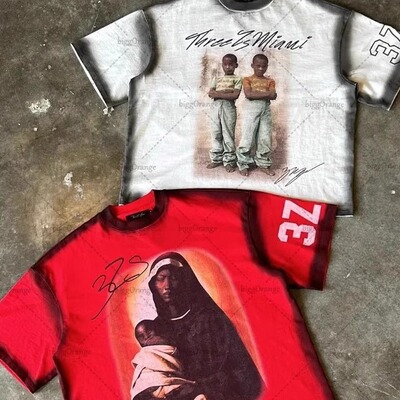 Retro letter print colorful oversized T-shirt男款