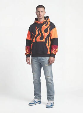 Men's oversized street hoodie with flame print