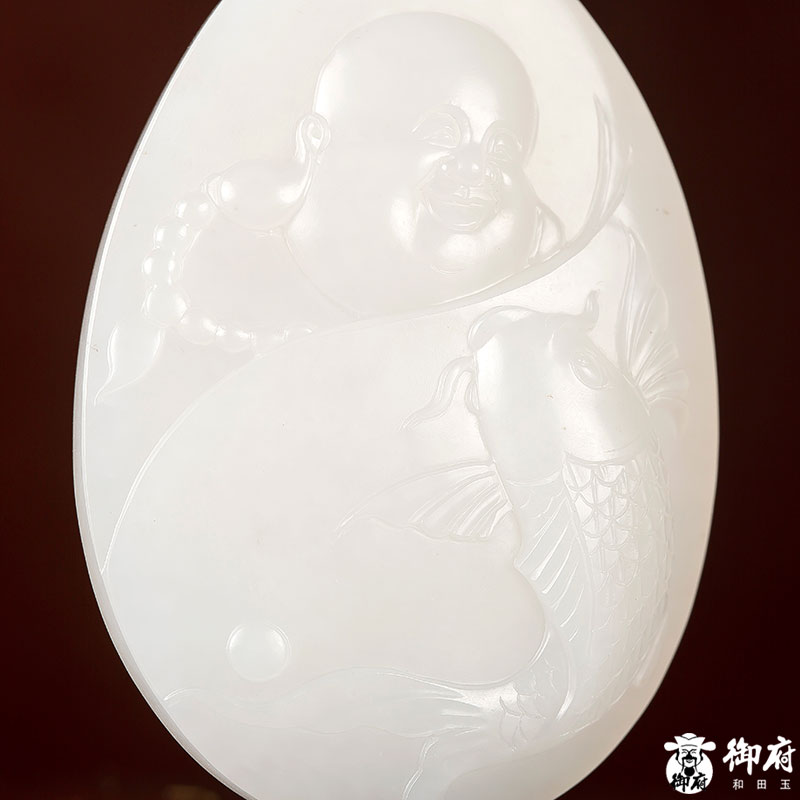 新疆和田玉白玉籽玉挂件 弥勒笑佛34克籽料挂坠玉石天然