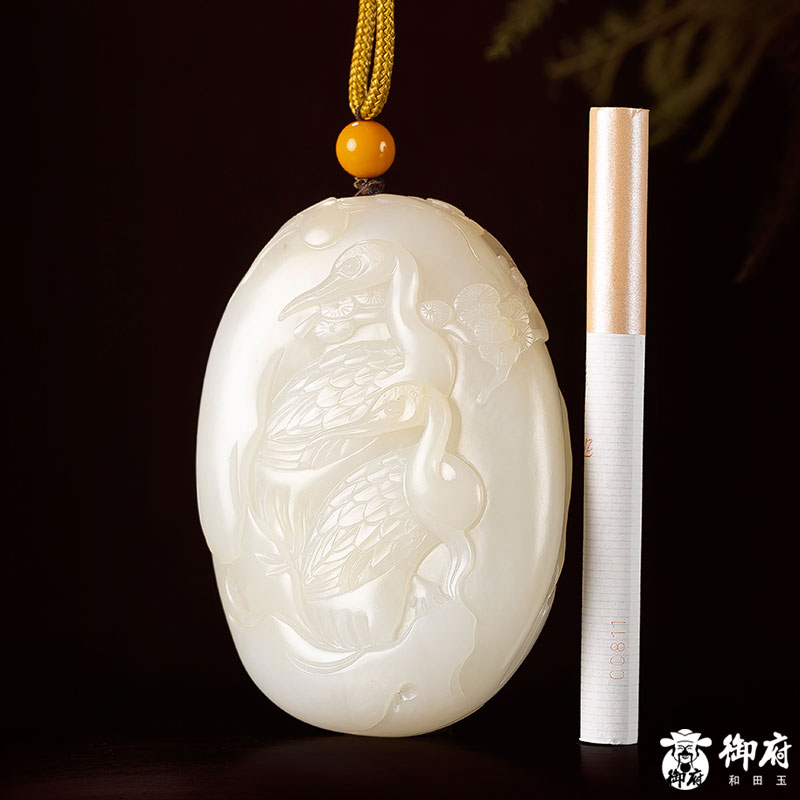 新疆和田玉黄皮白玉籽玉把件松鹤延年155.9克