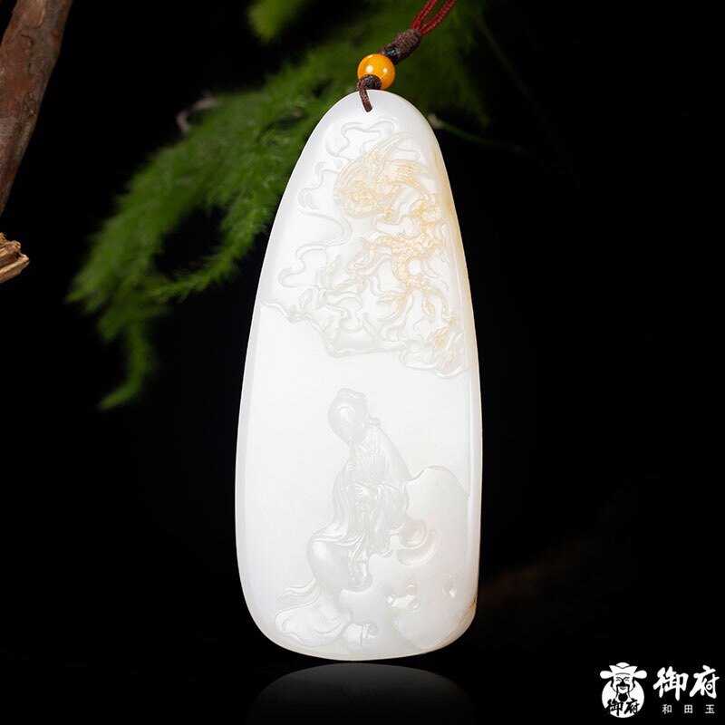 新疆和田玉黄皮白玉籽玉玉牌知音75.8克天然挂件吊坠玉雕