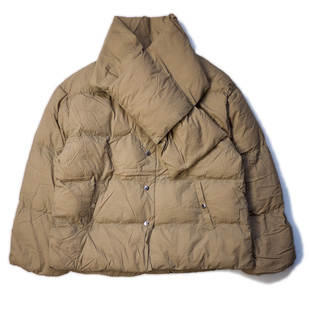 日系复古宽松圆领羽绒棉长袖棉服外套围巾两件套女款2way廓形