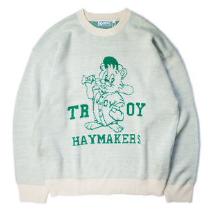 棒球鼠复古运动俱乐部学院宽松针织长袖毛衣圆领双面织卡通提花