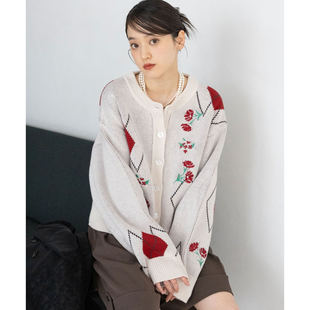 日系复古可爱爆炸刺绣花朵菱格提花宽松长袖针织开衫毛衣女款