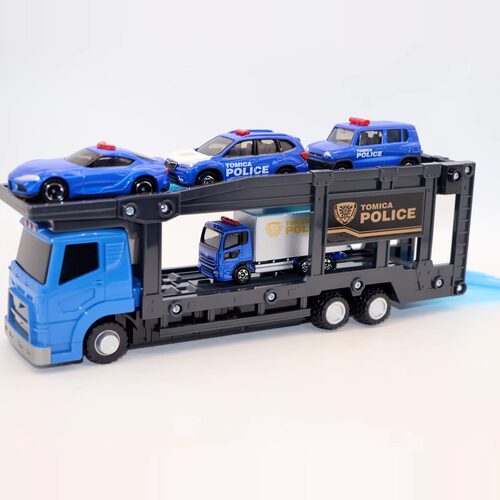 TOMY多美卡tomica 警车搬运车拖车停车场模型玩具礼盒套装场景