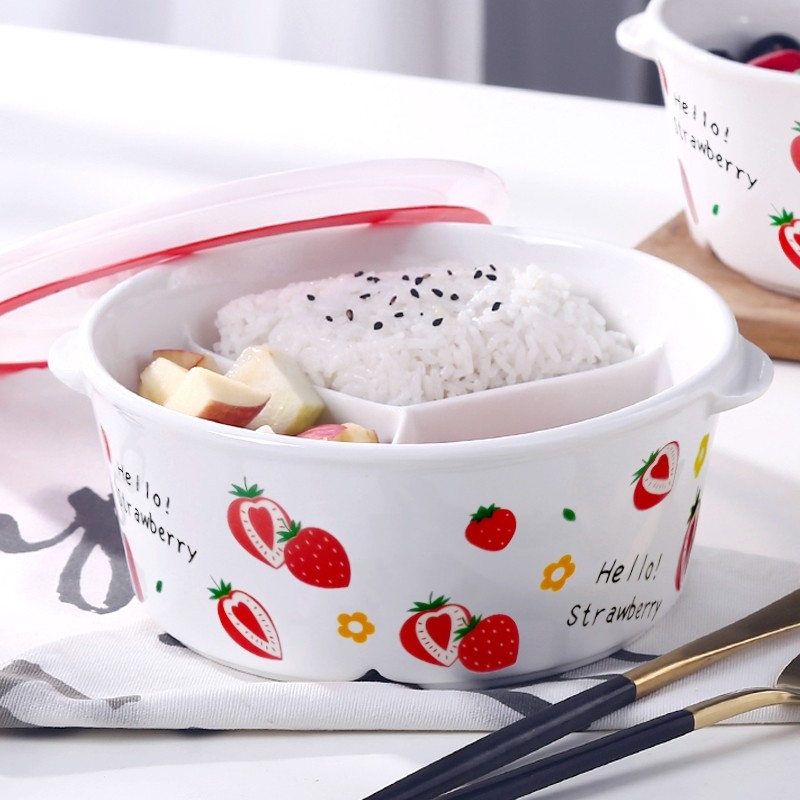 三格碗带盖微波炉加热圆形饭盒上班陶瓷碗便当盒陶瓷分格饭盒草莓,餐饮具,饭盒/保温桶/保温提锅,淘宝优惠券,粉丝福利购,淘宝优惠卷