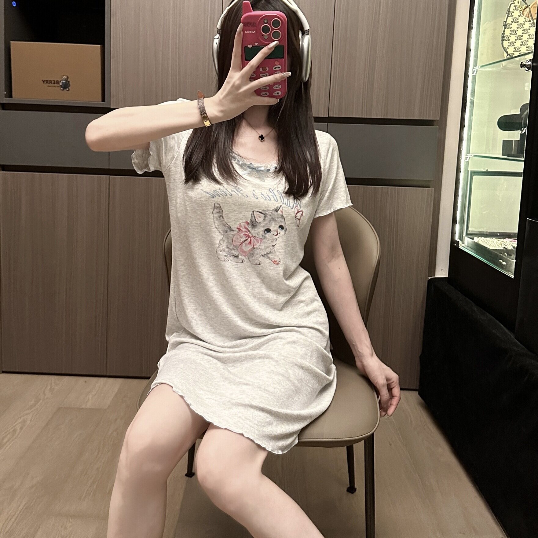睡裙夏季莫代尔纯棉睡衣圆领带胸垫宽松超柔印花甜美中裙家居服