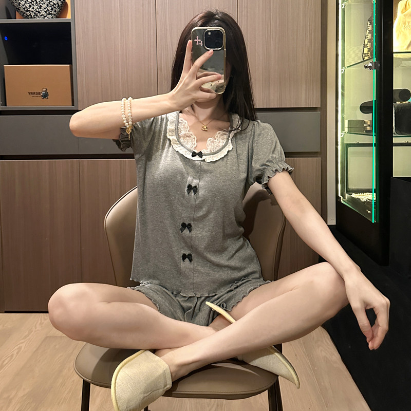 睡衣女莫代尔纯棉夏季短袖短裤套装蕾丝甜美套装带胸垫家居服外穿