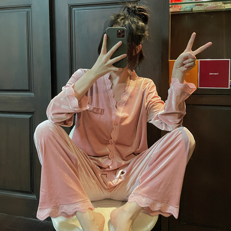 日系秋冬金丝绒气质小香风家居服