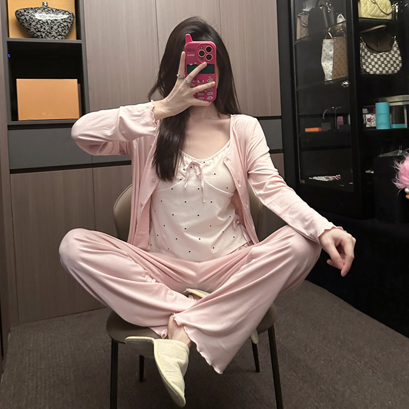 睡衣女春秋莫代尔纯棉波点吊带长袖长裤胸垫三件套外穿纯欲家居服