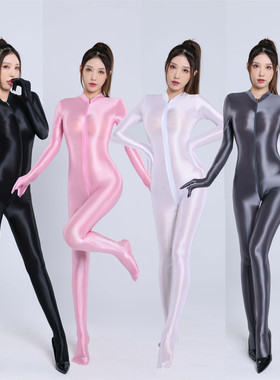 性感诱惑健美油亮塑身连体衣微透