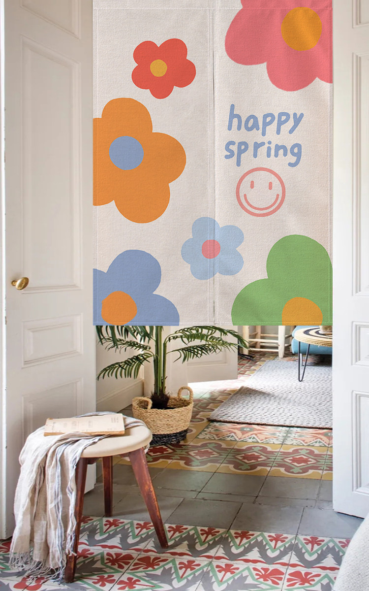 彩虹色厚实棉麻门帘可爱免打孔半帘客厅挂帘布艺遮挡隔断帘定制