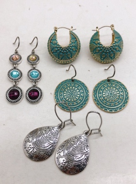 外贸原单复古玻璃彩钻烤银合金夸张质感灵动新潮耳环耳饰H-636-1