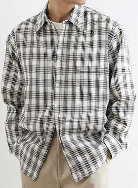 SHIJOIN原创 黑白格纹长袖衬衫英伦简约日系复古衬衣男外套200112