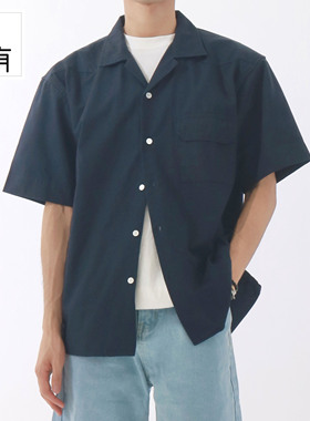 SHIJOIN原创POCKETIME藏蓝白色古巴领工装衬衫开叉纯棉短袖200137