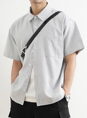 SHIJOIN原创 灰色牛津纺条纹短袖衬衫高级感宽松休闲男上衣200127