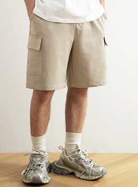 SHIJOIN原创 “零”染色纺卡其色工装短裤松紧腰直筒五分裤200261