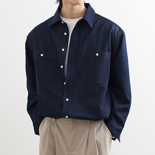 SHIJOIN深蓝色仿牛仔工装长袖衬衫重磅复古不掉色宽肩夹克200196A