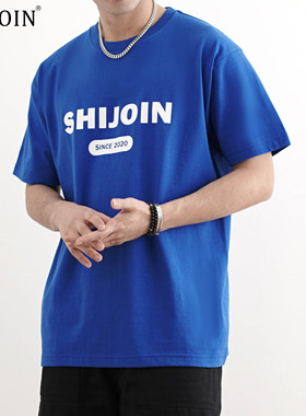 SHIJOIN原创FUNDAJOIN 蓝色圆领短袖印花男t恤200185纯棉宽松半袖