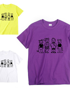 日系卡通猫狗人偶简笔画简约百搭男女情侣短袖t恤圆领纯棉半袖上
