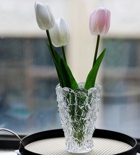 Glass City 浮雕花形透明高白桌面玻璃花瓶化装刷筒笔筒家居装饰