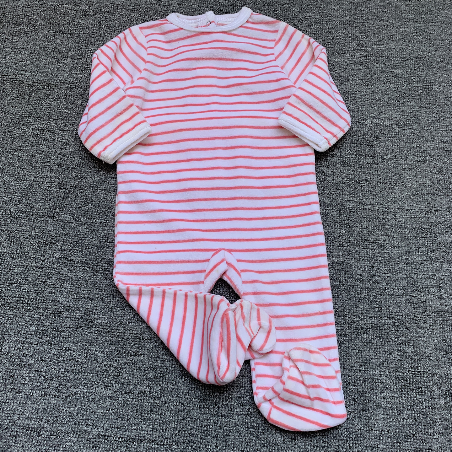0-2岁 法单纯原新生初生婴儿小宝宝条纹天鹅绒包脚连体衣保暖爬服